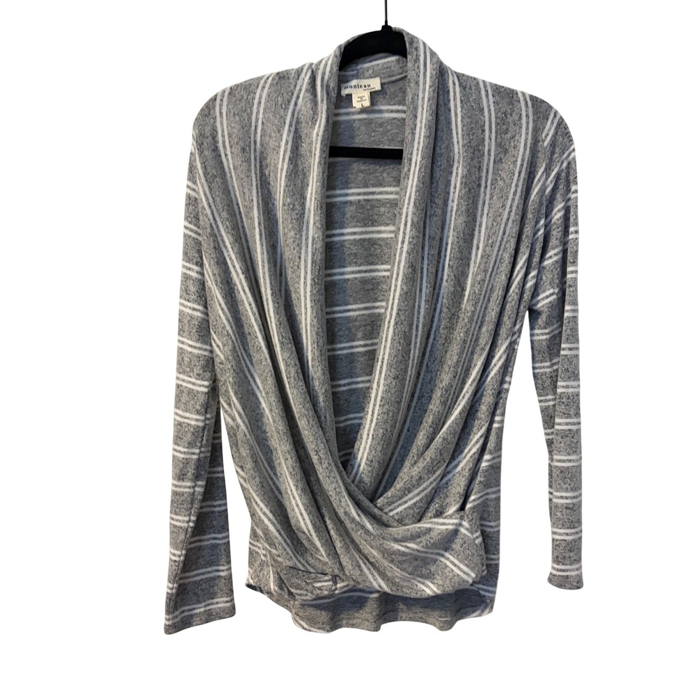 Monteau LA Gray White Striped Draped‎ Twist Front Long Sleeve Top Women's L